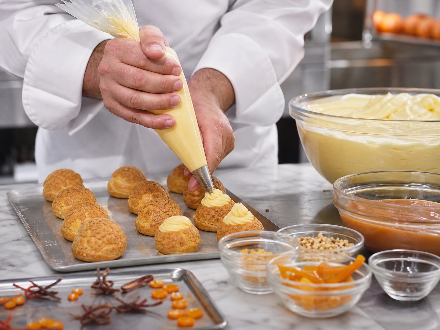 Profesyonel pastacılık tezgahında krema, dolgu ve dekor malzemeleri